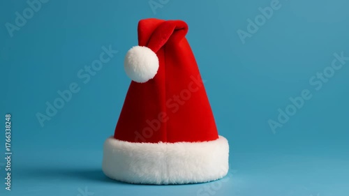 Festive Red Christmas Hat with Fluffy White Pom Pom and Trim Against Bright Blue Background, Perfect for Holiday Celebrations and Cheerful Objects