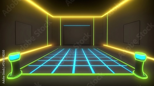Neon Lit, Cyberpunk Style Room Interior Design Concept with Geometric Grid Floor