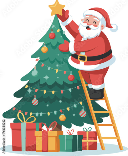 Santa Claus placing star on Christmas tree, festive holiday scene, colorful ornaments and gifts, joyful winter celebration, traditional decor