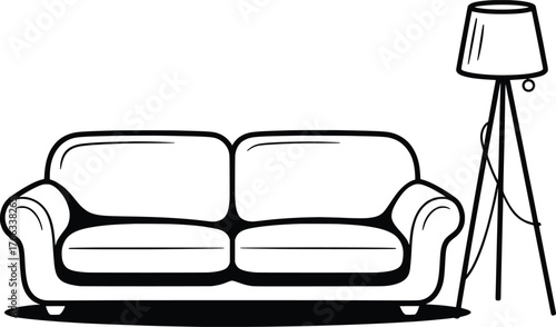 Sofa and Floor Lamp Line Art, Modern Living Room Furniture Vector Design.