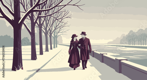 A romantic couple's winter walk in a snowy park by the river, a vintage illustration