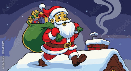 Cheerful Santa Claus with a sack of gifts on a snowy rooftop at night, a festive Christmas illustration