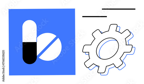 Capsule and pill beside gear outline representing healthcare technology, medical innovation, and pharmaceutical development. Ideal for medical research, pharma, biotech, healthcare, engineering