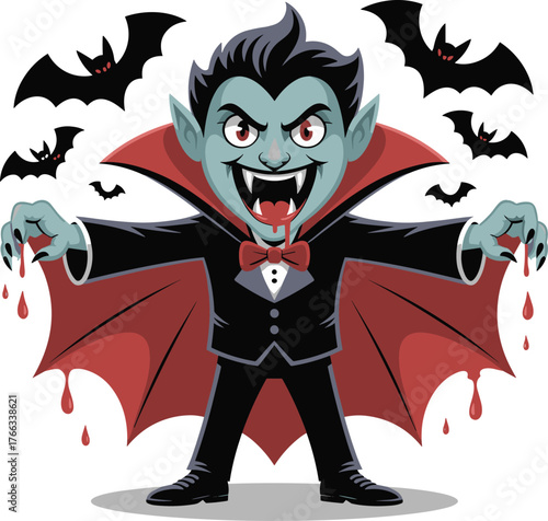 Cartoon vampire with green skin and bats, spooky Halloween character with blood and cape, colorful vector illustration