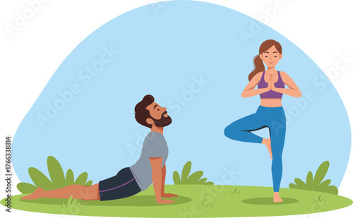 Cartoon couple practicing yoga outdoors in nature, healthy lifestyle and mindfulness activity, colorful vector illustration