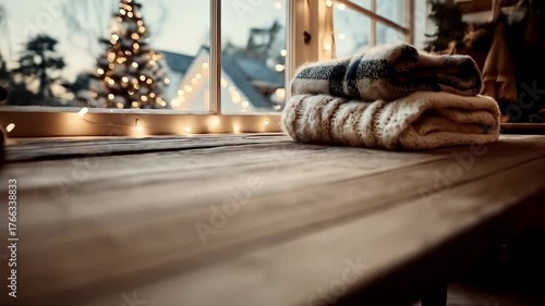 Cozy knit blankets by holiday lights