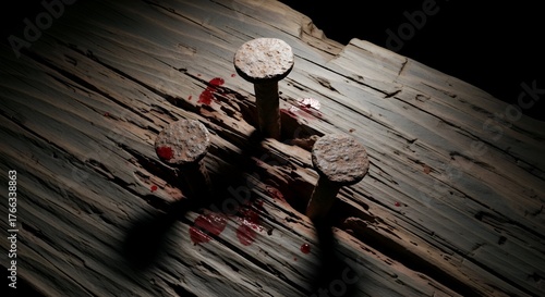 Wallpaper Mural Crucifixion Nails with Blood on Wooden Cross. Torontodigital.ca