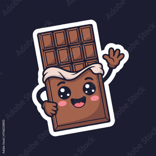 A cartoon chocolate bar character waving with a happy face and pink cheeks on a dark background