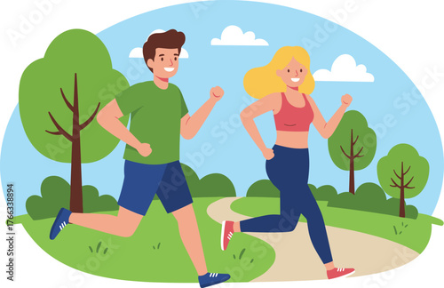 Cartoon couple jogging outdoors in park with winding path and trees, healthy lifestyle vector illustration