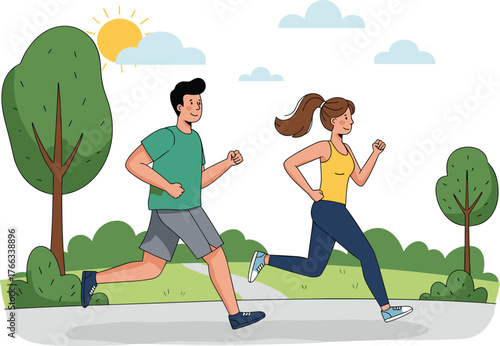 Cartoon couple jogging outdoors on paved path in park, healthy lifestyle activity on sunny day, colorful vector illustration