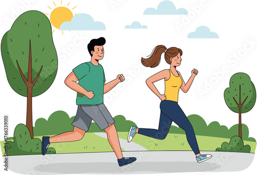 Cartoon couple jogging outdoors on sunny day, healthy lifestyle activity in park setting, colorful vector illustration