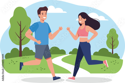 Cartoon couple jogging outdoors in park with trees and winding path, healthy lifestyle vector illustration
