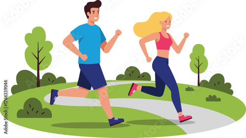 Cartoon couple jogging in park on sunny day, healthy outdoor activity with nature background, colorful vector illustration