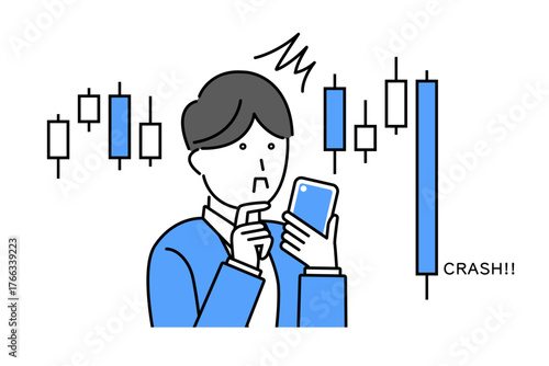 スマホを見て株価が暴落している状況に驚く若い男性