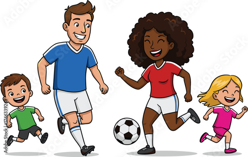 Cartoon family playing soccer together, energetic outdoor activity with children and adults, festive vector illustration on white background