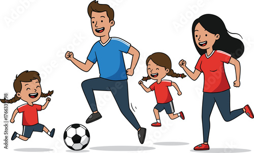 Cartoon family playing soccer together, energetic outdoor activity with children and adults, festive vector illustration on white background
