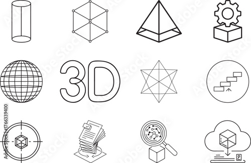 3d modeling icon set silhouette on white background