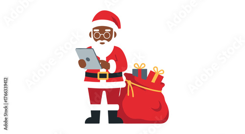 Modern Santa Claus checking his list on a tablet next to a sack of presents in this festive holiday season illustration, bringing joy and cheer during Christmas time