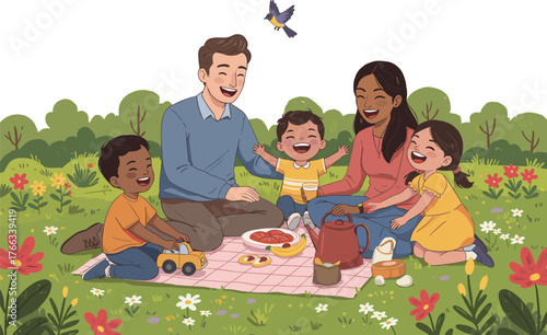 Cartoon family having picnic outdoors in flower-filled meadow, cheerful vector illustration with children and adults