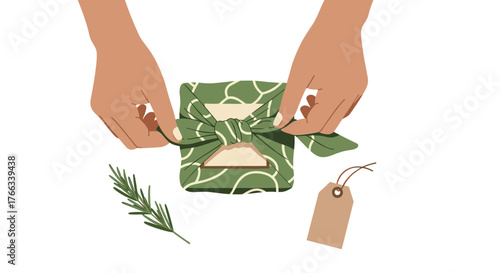 Beautifully wrapping a sustainable gift with reusable fabric, adding a personal touch with rosemary and a tag, showing eco-friendly presentation for conscious gifting occasions