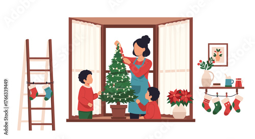 Create heartwarming memories this season as a mother and her two sons decorate a Christmas tree with festive lights in a cozy home setting filled with holiday cheer and anticipation