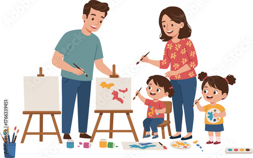 Cartoon family painting together with easel and art supplies, creative indoor activity with children and adults, colorful vector illustration
