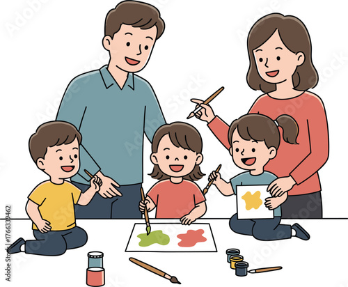 Cartoon family painting together with art supplies, creative indoor activity with children and adults, colorful vector illustration