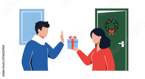 Cheerful season's greetings as a woman hands a gift to a man, spreading holiday joy and kindness during a festive celebration filled with love and generosity
