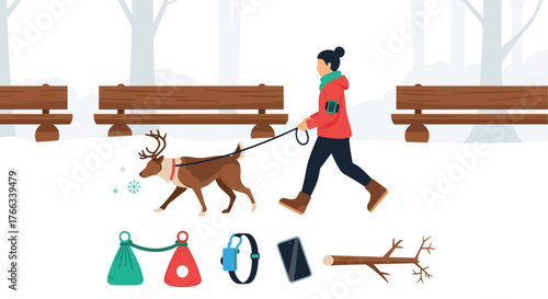 Enjoy a brisk winter walk with your reindeer companion through a snowy park, complete with festive accessories and modern technology for a vibrant and healthy lifestyle adventure outdoors