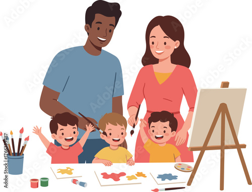 Cartoon family painting together with art supplies, creative indoor activity with children and adults, colorful vector illustration