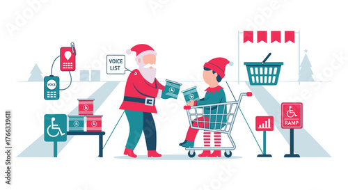 Santa and elf shopping for holiday gifts with accessibility features like ramps and voice lists making Christmas inclusive and modern, highlighting festive family values