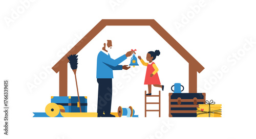 Heartwarming moment of a grandfather and granddaughter discovering vintage treasures in the attic, creating lasting memories and family legacy with a playful, nostalgic atmosphere