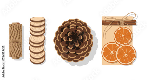 Craft rustic holiday charm with this DIY kit featuring twine, wood slices, pinecone, dried oranges, and cinnamon sticks, perfect for creating natural, festive decorations