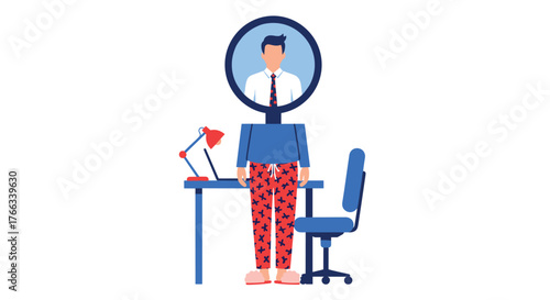 Work remotely in style with this conceptual image of a man wearing pajamas and slippers while using a magnifying glass to show his face in a modern office setup for the new normal