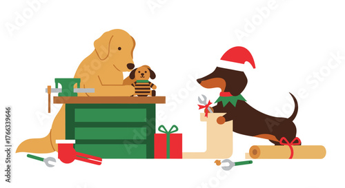 Adorable golden retriever and dachshund dog preparing holiday gifts in a festive workshop, spreading joy and cheer with DIY crafts for a heartwarming Christmas season celebration