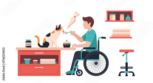 Sweet moment as a man in a wheelchair lovingly feeds his cat a cupcake in a colorful kitchen, showcasing inclusion, compassion, and the simple joys of pet ownership for a heartwarming scene
