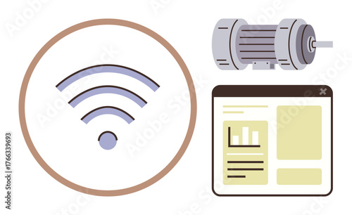Wireless signal icon, industrial motor, and data dashboard representing IoT integration. Ideal for IoT, automation, connectivity, industry, data monitoring technology remote control. Simple flat