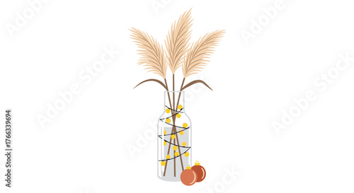 Charming pampas grass arrangement in a glass bottle adorned with festive string lights and ornaments, adding a touch of cozy holiday cheer to your home decor projects