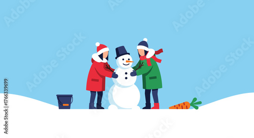 Delightful winter scene of two children building a happy snowman with carrot nose and bucket nearby, capturing a joyful holiday moment perfect for seasonal greetings and family fun promotions