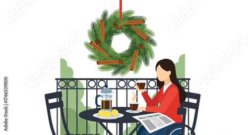 Enjoying a peaceful moment with coffee and the news on the balcony during the holidays, complete with a festive wreath bringing cheer and warmth to the scene