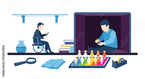 Inclusive workspace showcasing diverse abilities and backgrounds, promoting equality and accessibility in creative fields, ideal for diversity training and equal opportunity campaigns
