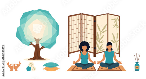 Find inner peace with this stunning illustration of women meditating in a serene studio, perfect for yoga retreats, wellness programs, or promoting mindful living and holistic health practices