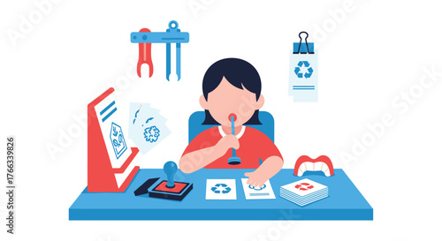 Crafty kid exploring creative recycling projects at her desk with stamps and drawings, showcasing youthful imagination and eco-conscious activities, perfect for educational materials