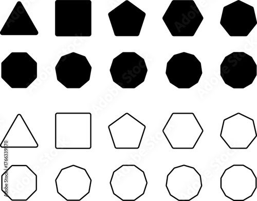 Simple Geometric Polygon Shape Icon Set with sharp and rounded corner, outline and solid style. Vector geometry pentagonal, hexagonal, octagonal polygon. Five, six, seven or eight sided polygon.