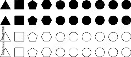 Simple Geometric Polygon Shape Icon Set with sharp and rounded corner, outline and solid style. Vector geometry pentagonal, hexagonal, octagonal polygon. Five, six, seven or eight sided polygon.