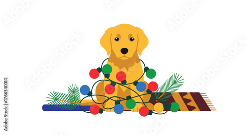 Adorable golden retriever puppy entangled in colorful Christmas lights, radiating holiday cheer and festive spirit, a perfect blend of pet love and seasonal joy, ideal for heartwarming designs