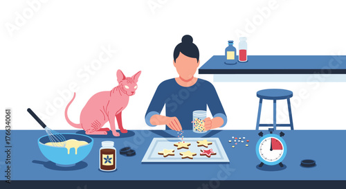 Woman decorates festive star-shaped cookies with sprinkles alongside a curious Sphynx cat, perfect for holiday baking and family fun