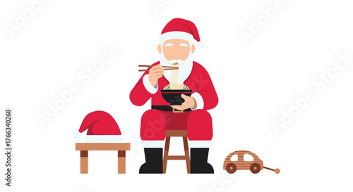 Santa Claus enjoys delicious ramen noodles during Christmas, a fun holiday illustration for festive season greetings