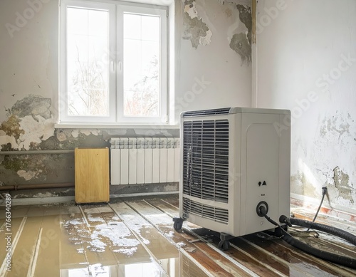 A specialized dehumidifier operates in a mold-infested room following water damage