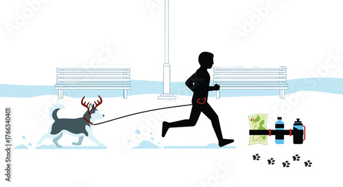 Energetic runner enjoying winter outdoor exercise with dog wearing festive antlers, creating joyful holiday scene